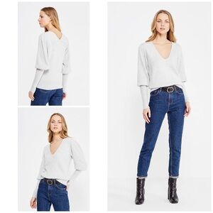 EUC FREE PEOPLE Gingersnap Ribbed Cashmere Blend Bishop Sleeves Gray Sweater S‌‍